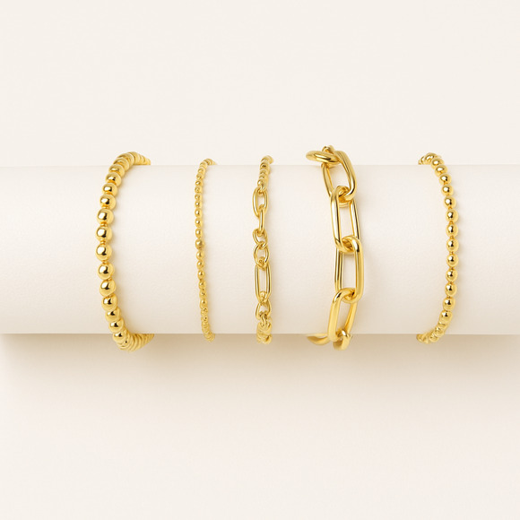 Conran K Remix Accessories - Gold Bracelet Set 4pc Minimalist Stack Beaded Paperclip Chain Dainty Jewelry